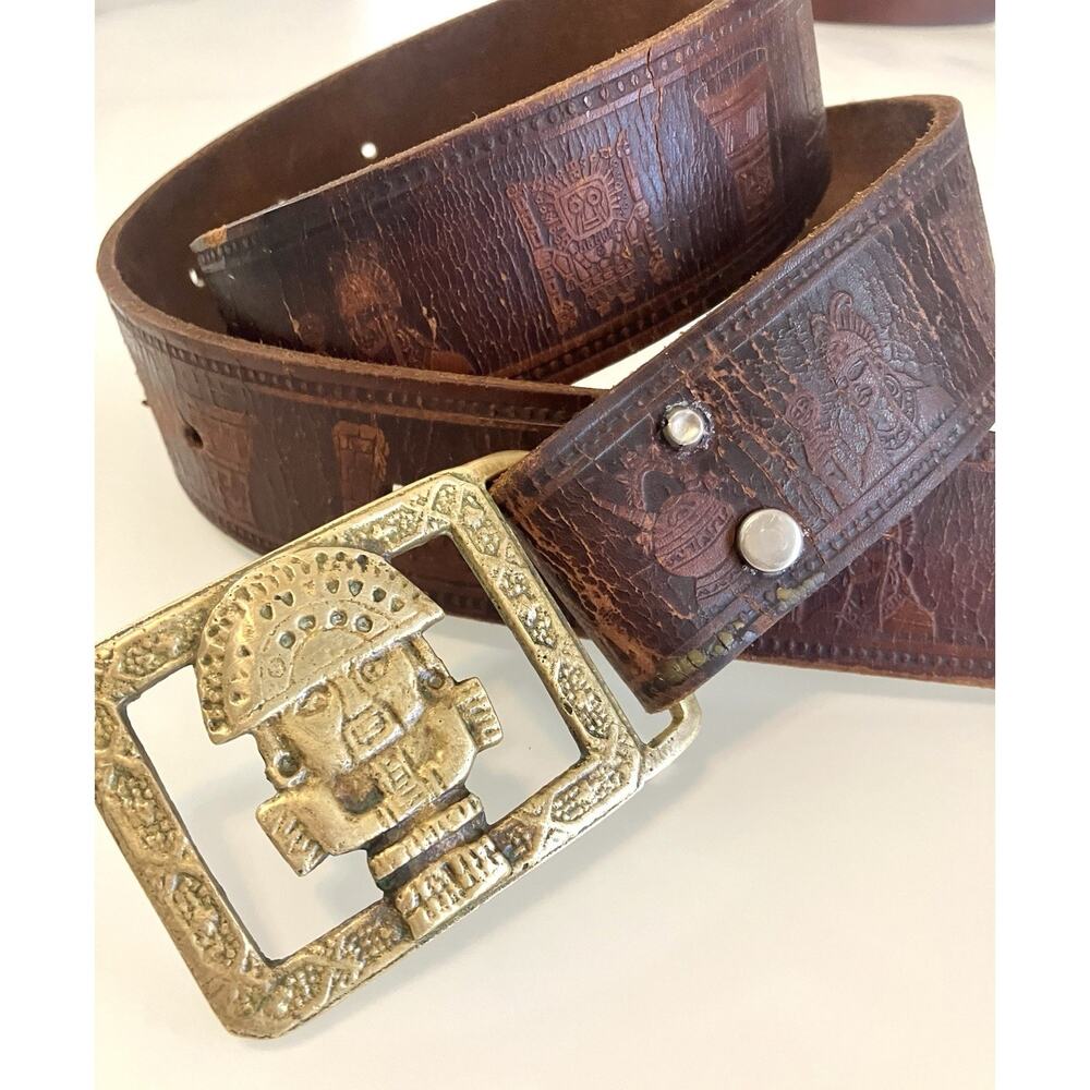 Vintage Leather Belt Solid Brass Tumi Buckle Tooled Peruvian Inca Deity Symbols